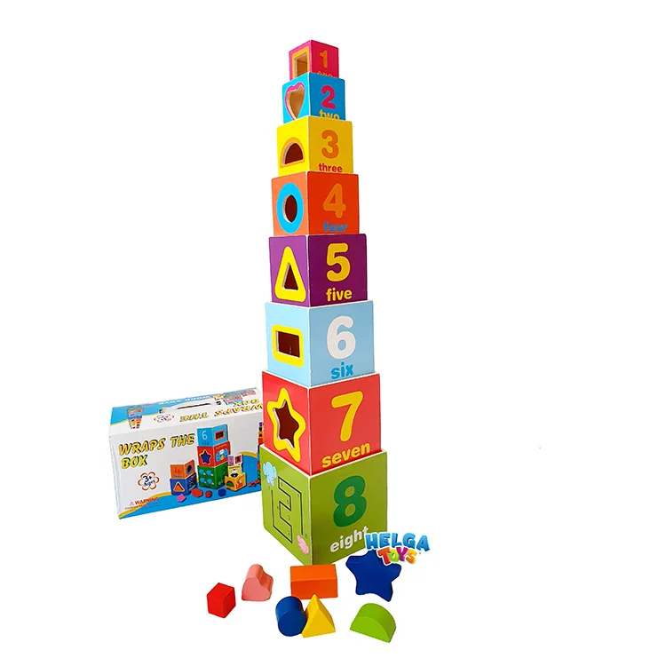 Set Cuburi din lemn, turn Montessori 8 in 1