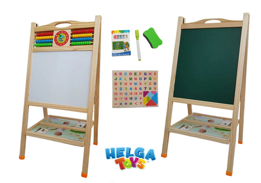 Tabla de scris din lemn, magnetica cu 2 fete, ceas, abac si accesorii