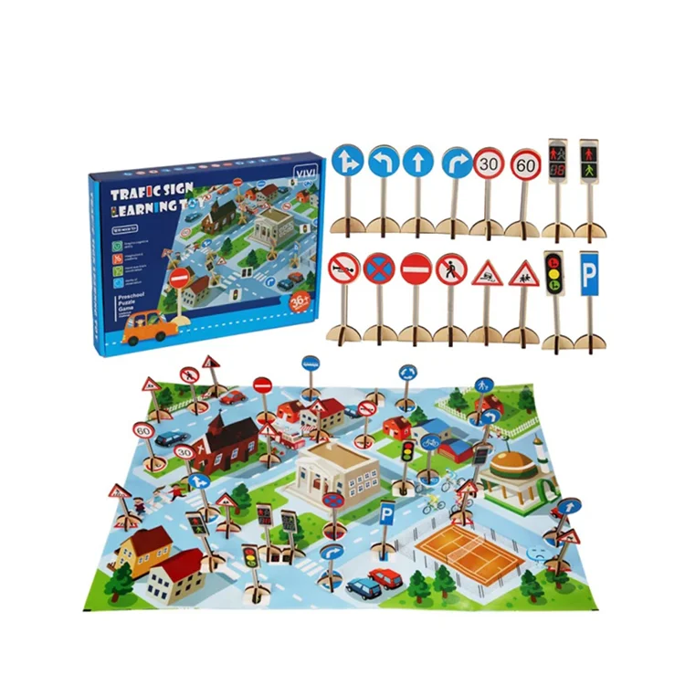 Indicatoare de circulatie din lemn si covoras puzzle