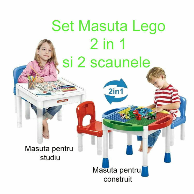 Masuta cuburi Lego 2 in 1 cu 2 scaunele
