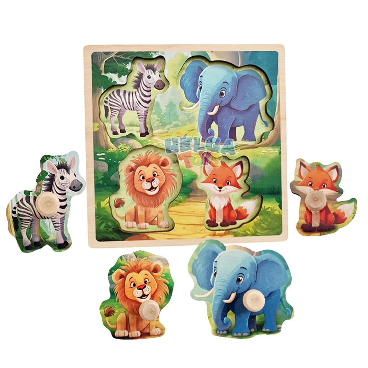 Puzzle incastru cu butoni 4 Animale din Jungla, lemn