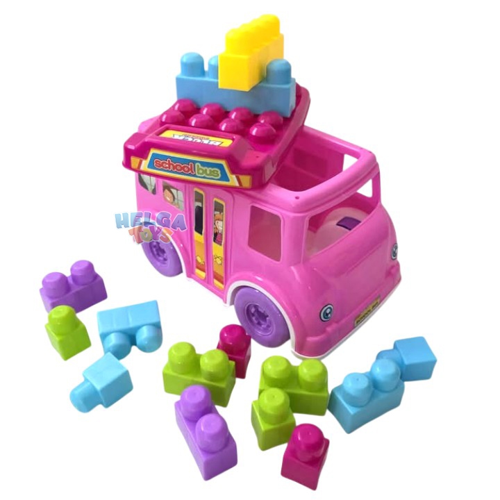 Set constructie Maxi Blocks Autobuz Scolar - 14 cuburi - Roz