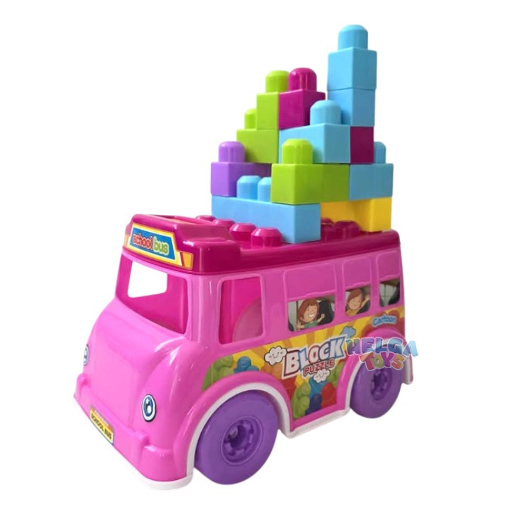Set constructie Maxi Blocks Autobuz Scolar - 14 cuburi - Roz