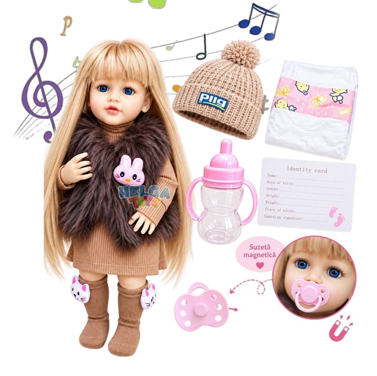 Papusa interactiva Reborn Moly cu accesorii - Blonda- 55 cm